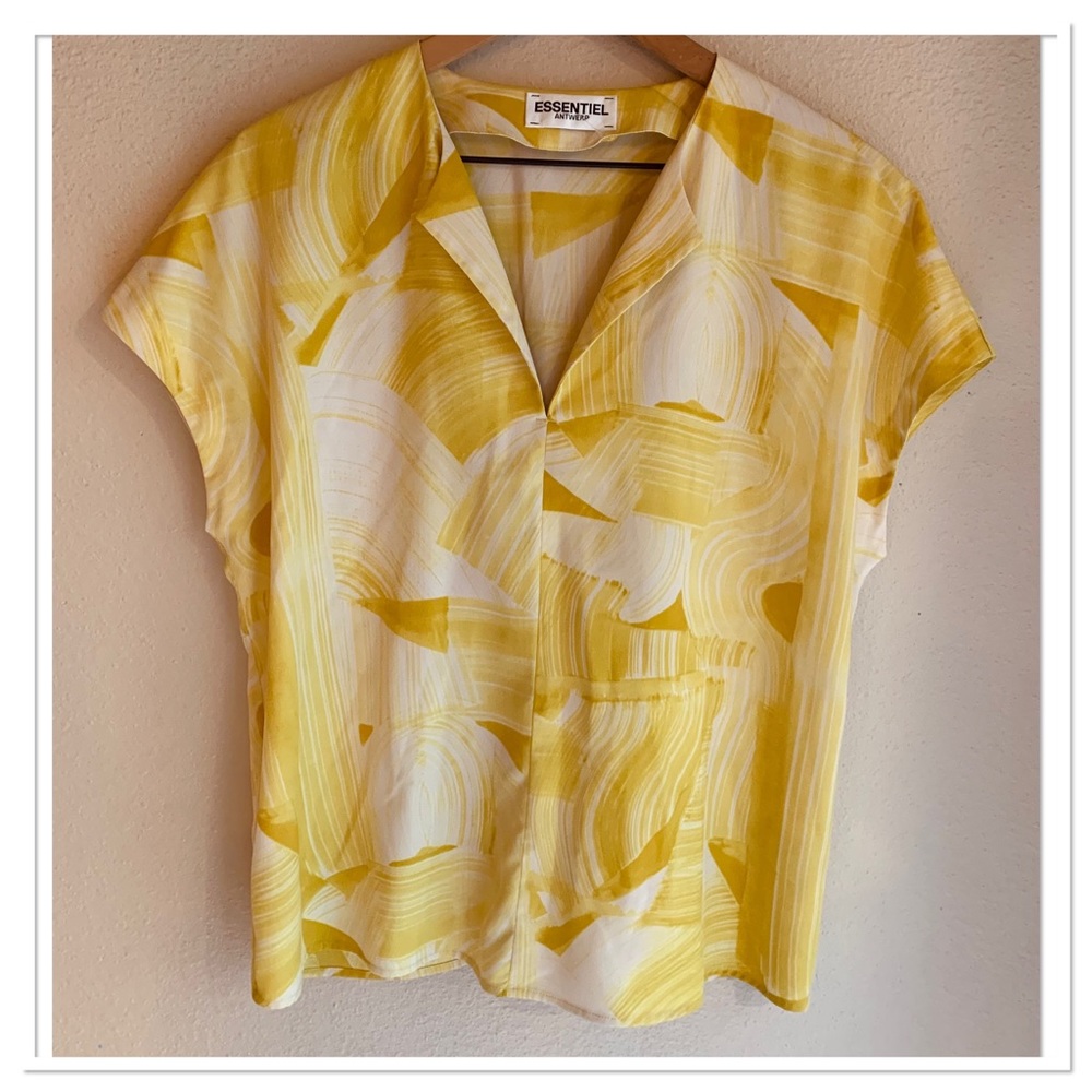 Essentiel Antwerp Blouse V Neck Short Sleeve Yellow Abstract Print Size 8